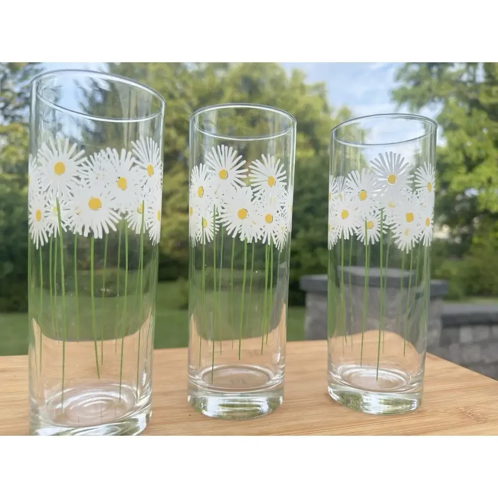Retro French Daisy Floral Iced Tea Glasses 16oz Made In France